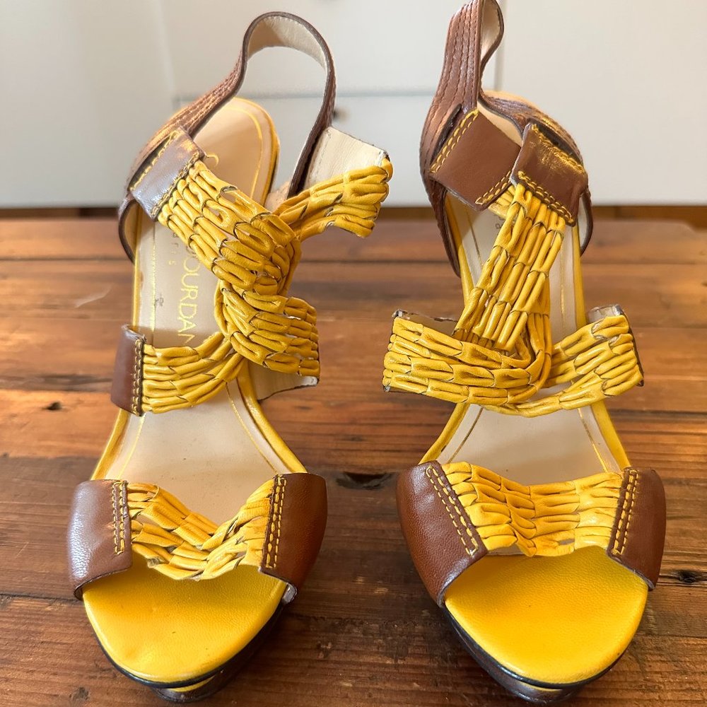 Like New Charles Jourdan Yellow & Brown Strappy Platform Heels, Size 8M
